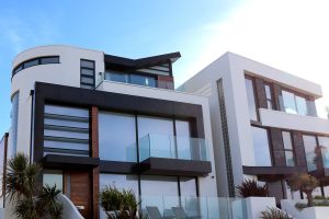 A really big mansion with black and white coloring