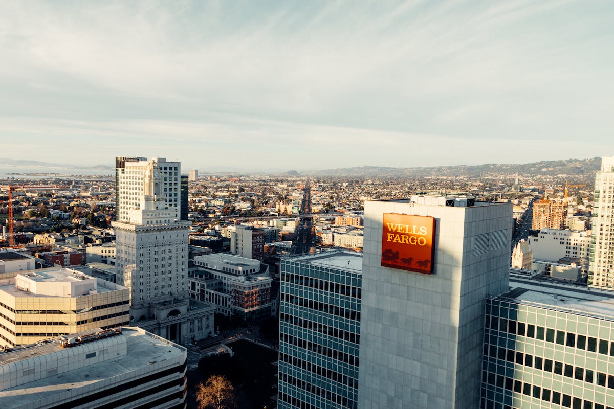 A bank building in the middle of Oakland, California